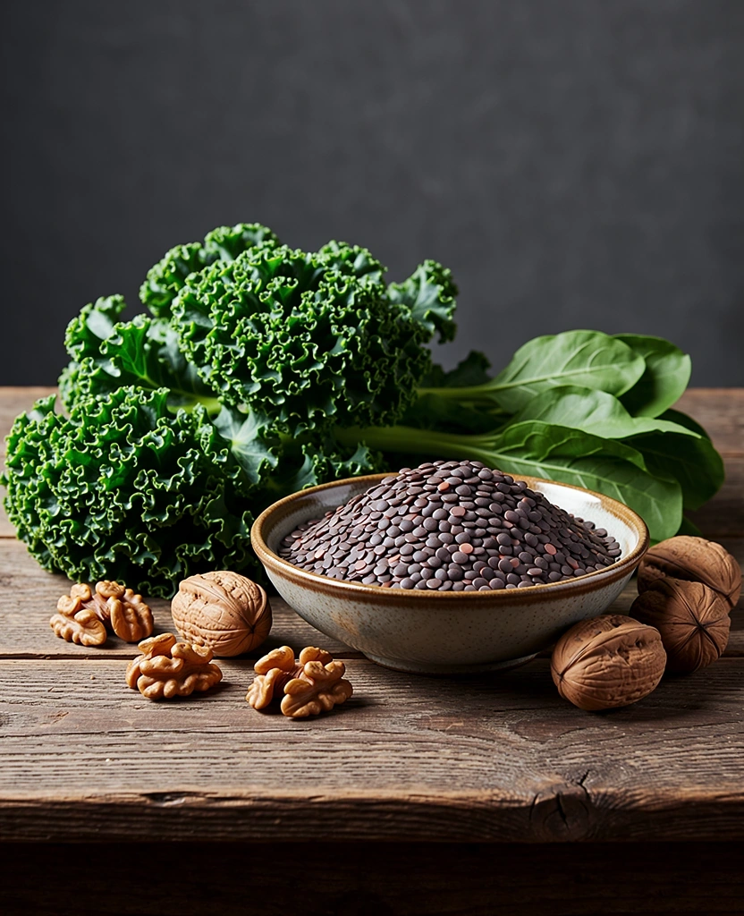 Frische pflanzliche Zutaten auf einem Holztisch